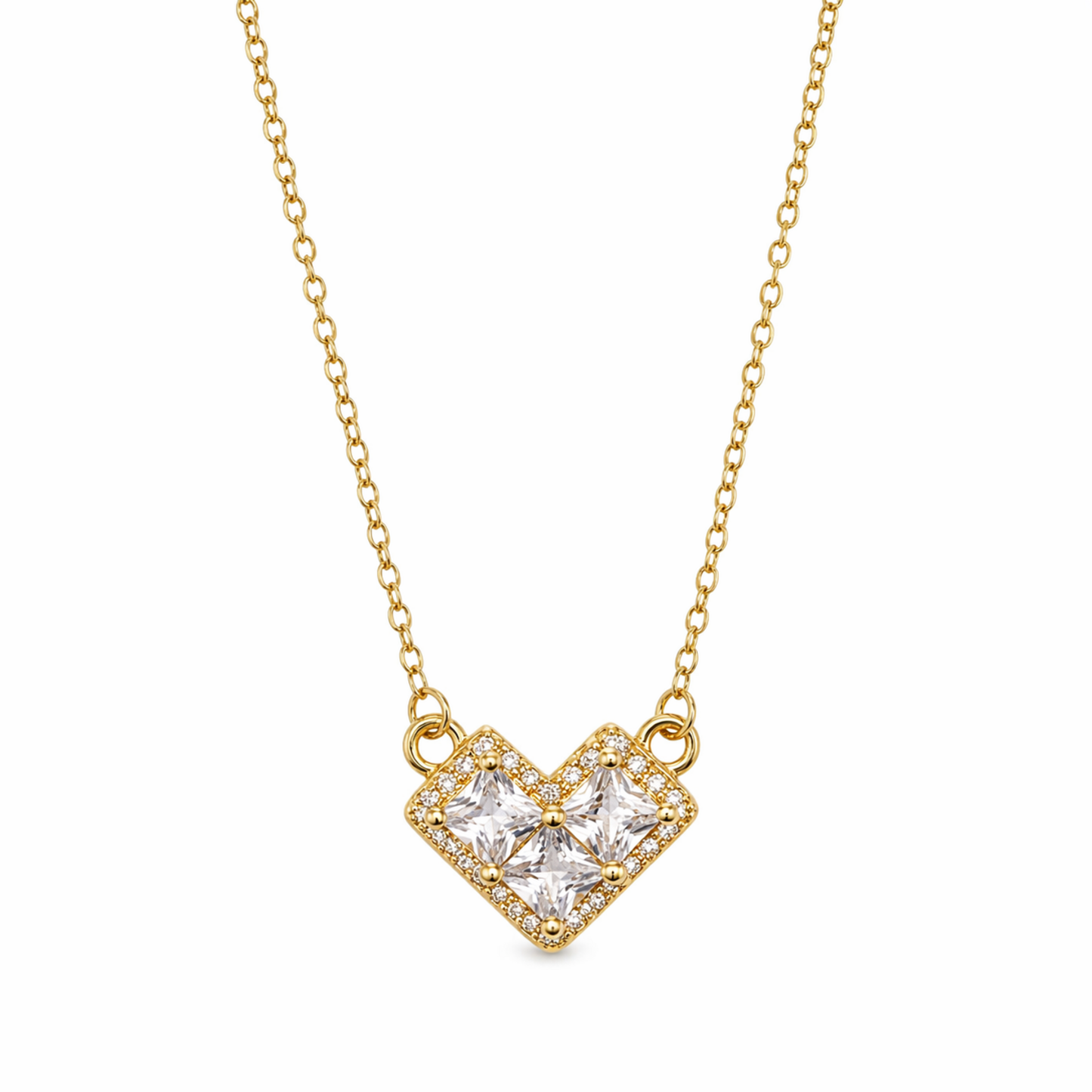 A gold-plated stainless steel chain for women featuring a heart-shaped pendant set with three large square crystals and a sparkling pavé halo.
