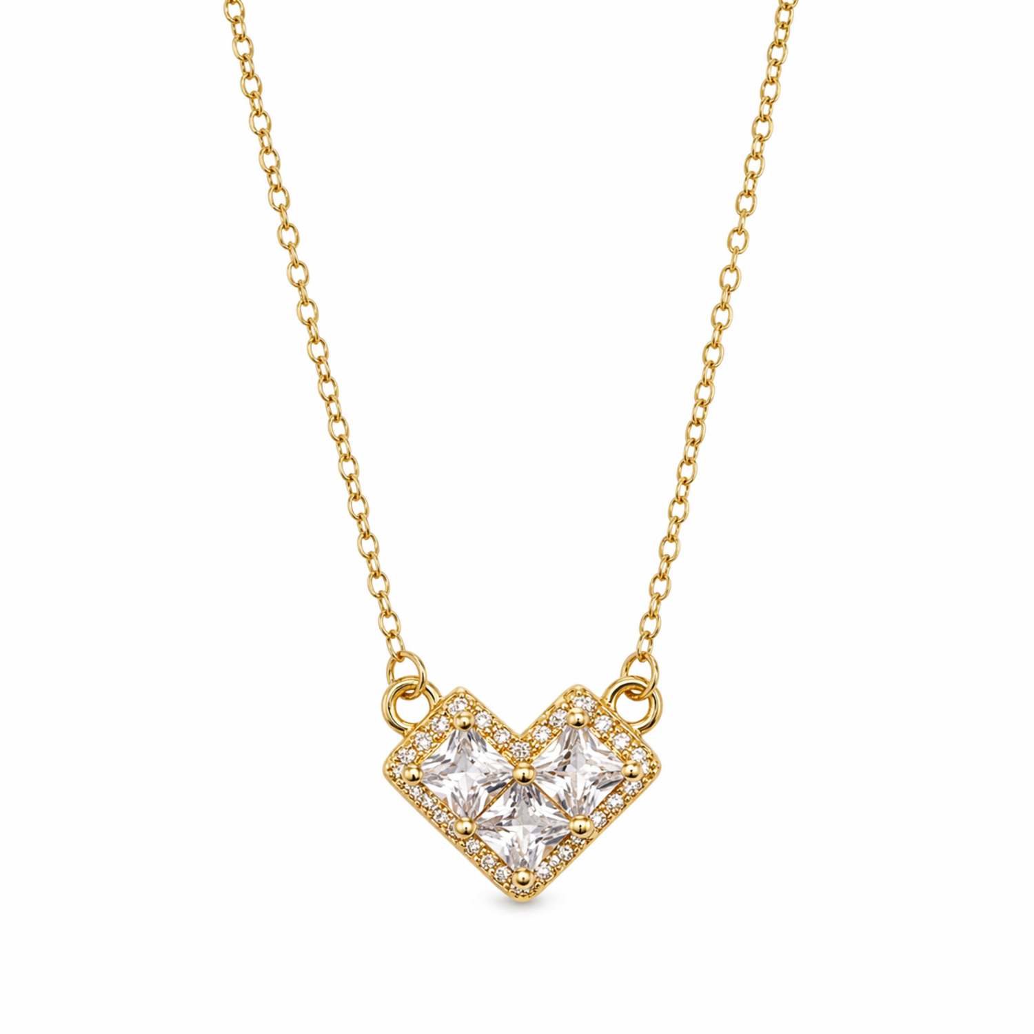 A gold-plated stainless steel chain for women featuring a heart-shaped pendant set with three large square crystals and a sparkling pavé halo.