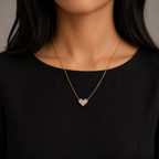 A gold-plated stainless steel chain for women featuring a heart-shaped pendant set with three large square crystals and a sparkling pavé halo shown on a model