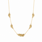 A gold-plated stainless steel chain for women featuring five crystal-accented feather station charms