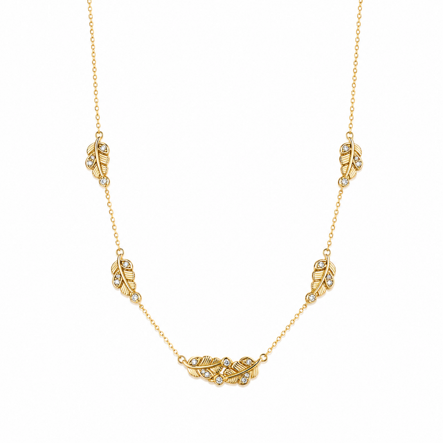 A gold-plated stainless steel chain for women featuring five crystal-accented feather station charms