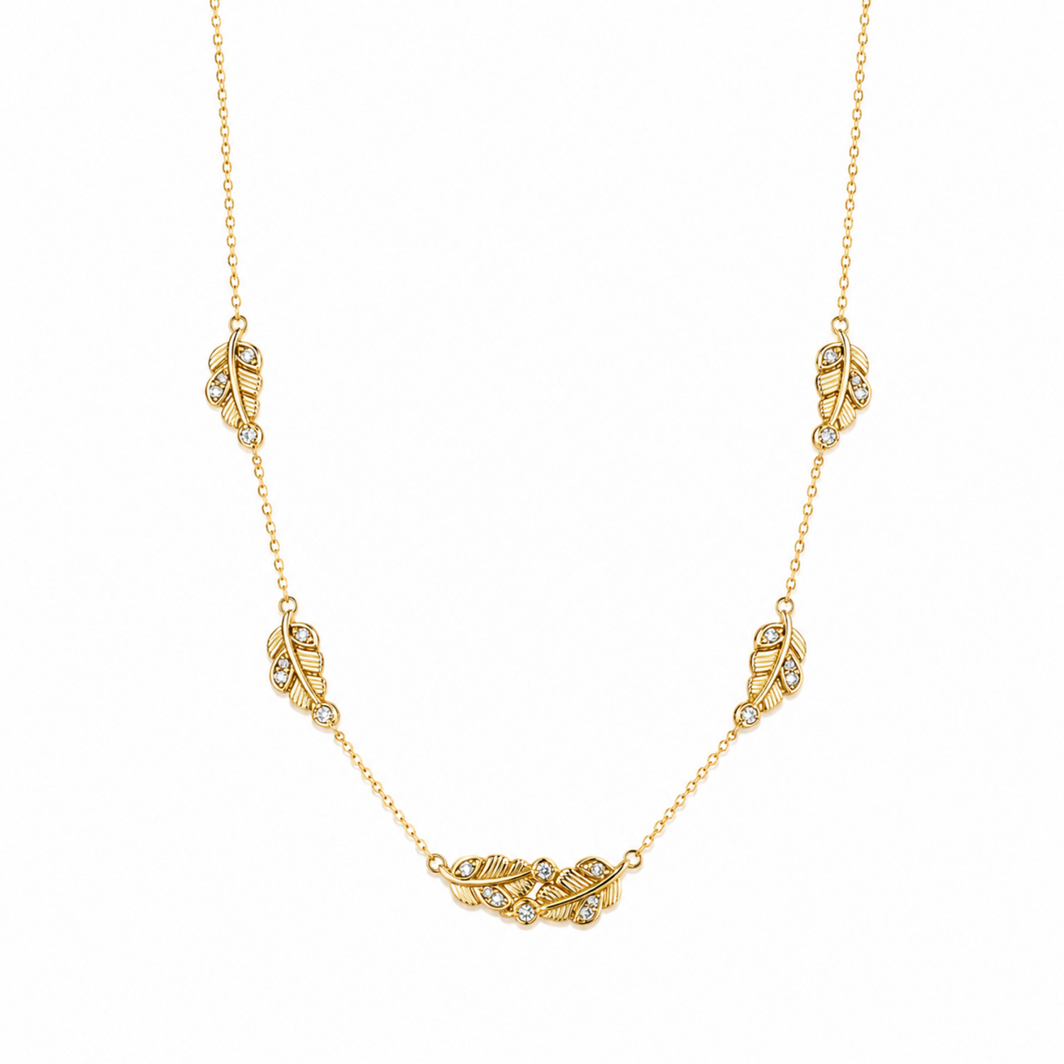 A gold-plated stainless steel chain for women featuring five crystal-accented feather station charms