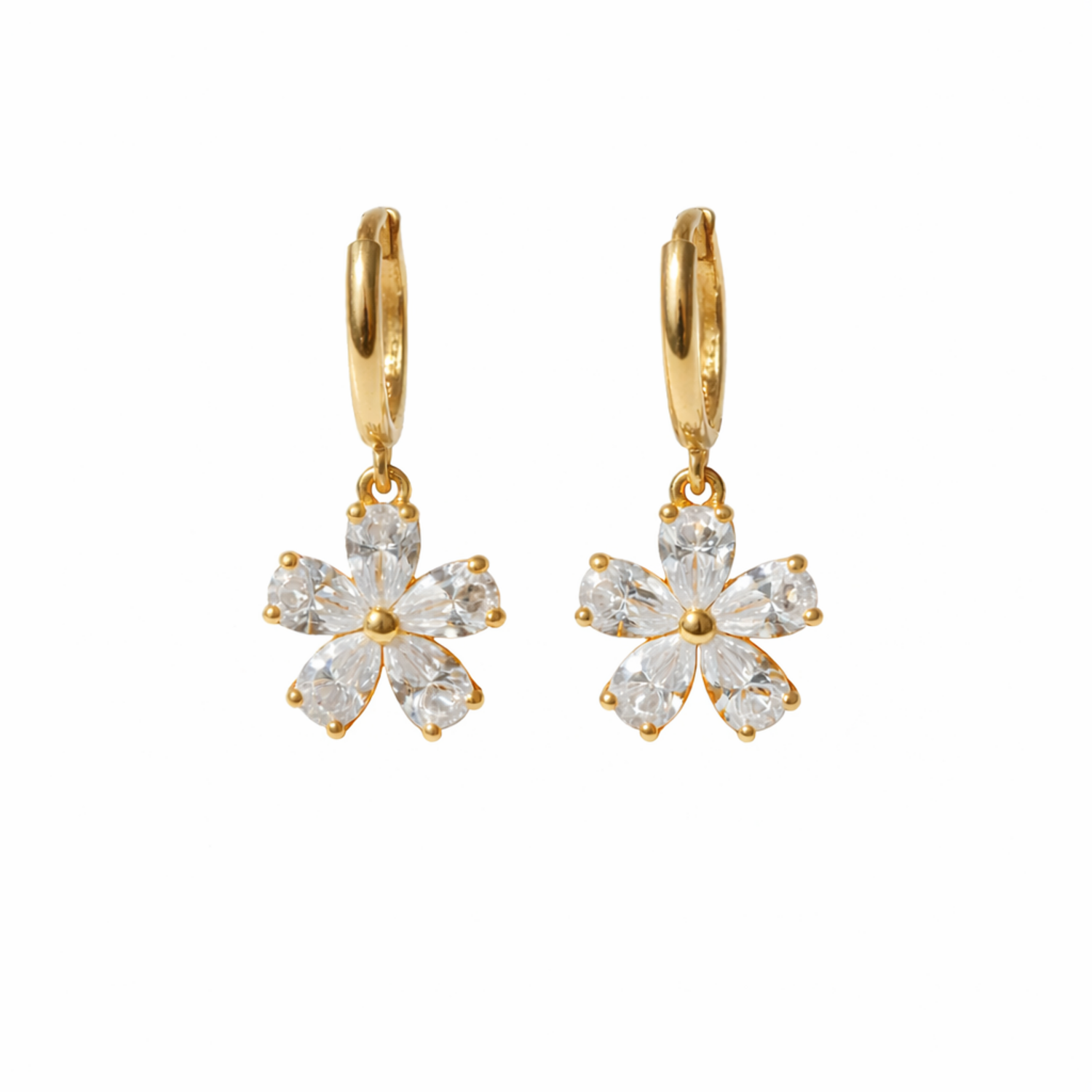 A pair of gold-plated hoop earrings for women featuring a sparkling five-petal crystal flower drop, shown on a white background.