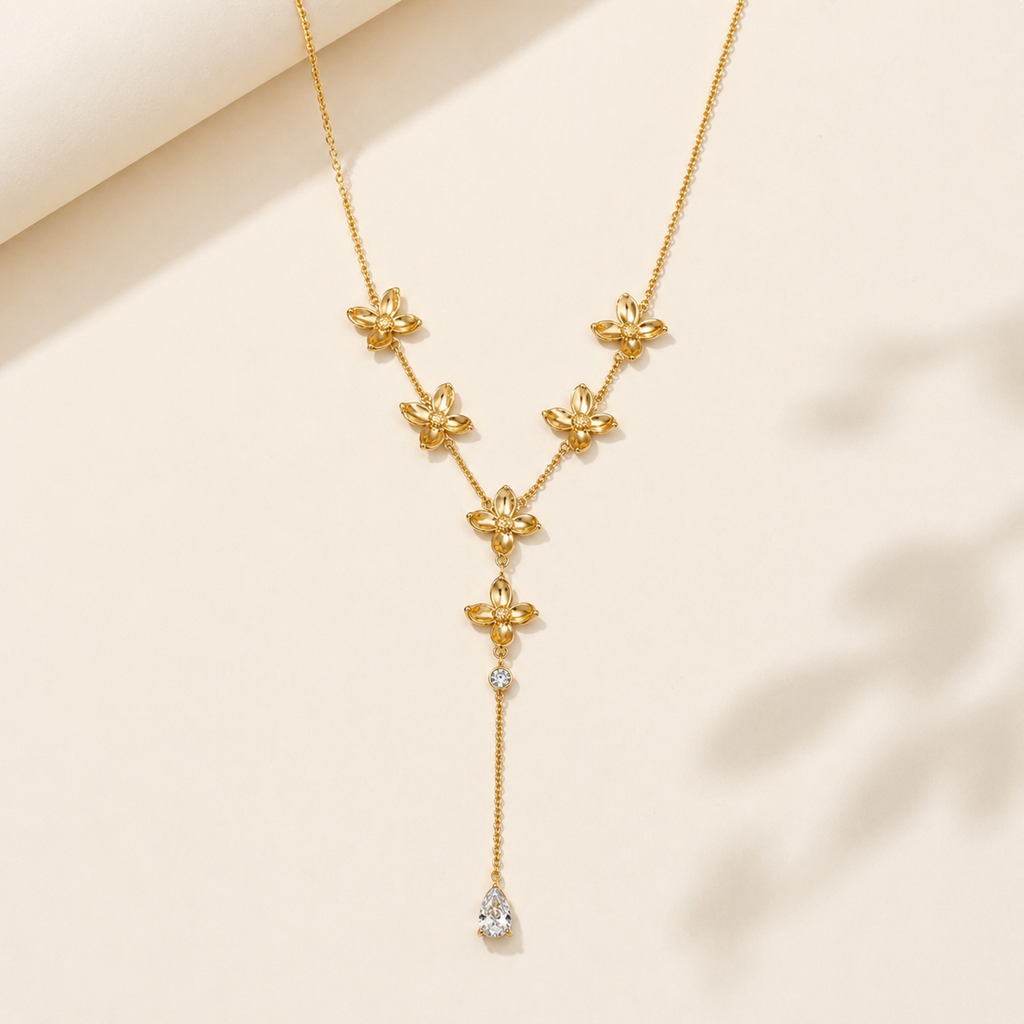 A gold-plated stainless steel chain for women in a Y-drop lariat style, featuring golden flowers and a pear-shaped crystal pendant