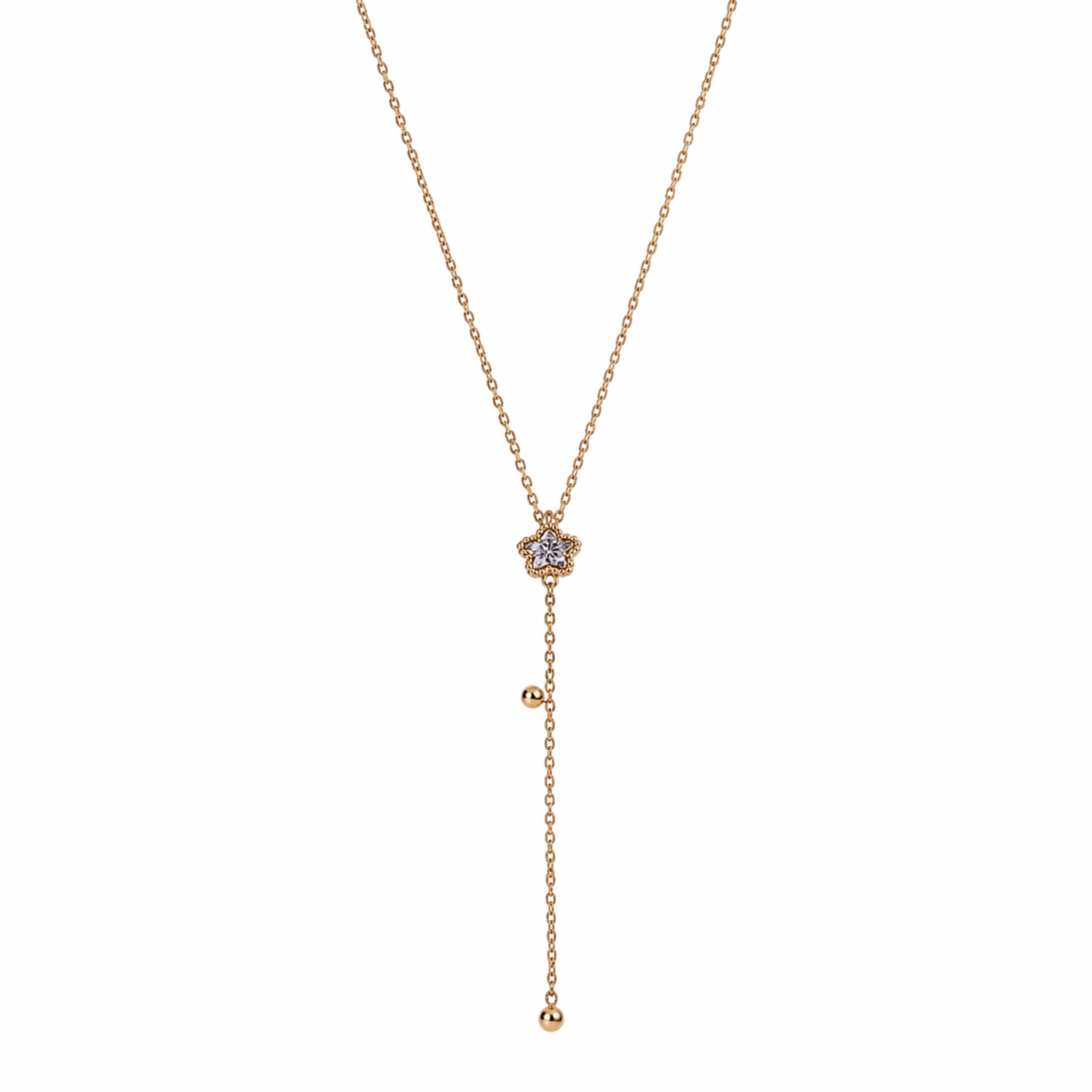 A gold-plated stainless steel Y-shaped necklace for women featuring a small crystal flower pendant and a dangling chain with gold beads, shown on a white background