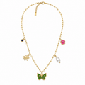 A gold-plated stainless steel chain for women featuring paperclip links and five nature-themed charms including a green butterfly, pink flower, and pearl.