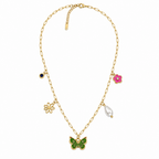 A gold-plated stainless steel chain for women featuring paperclip links and five nature-themed charms including a green butterfly, pink flower, and pearl.