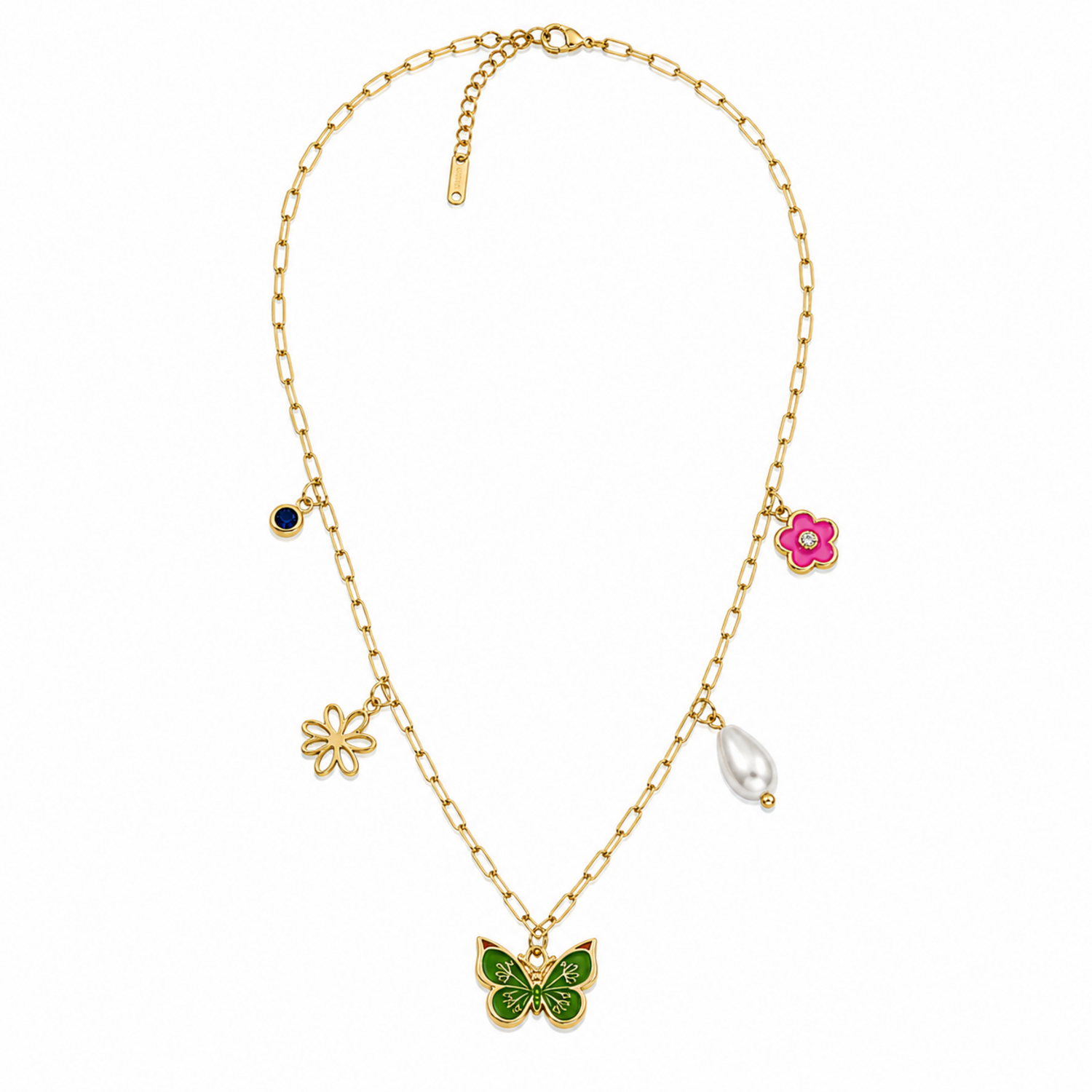 A gold-plated stainless steel chain for women featuring paperclip links and five nature-themed charms including a green butterfly, pink flower, and pearl.
