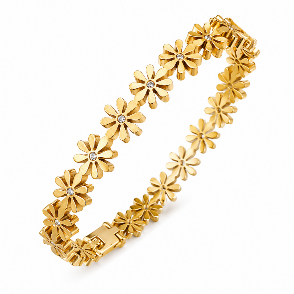 A gold-plated bangle for women featuring an intricate floral openwork design and a secure side clasp.