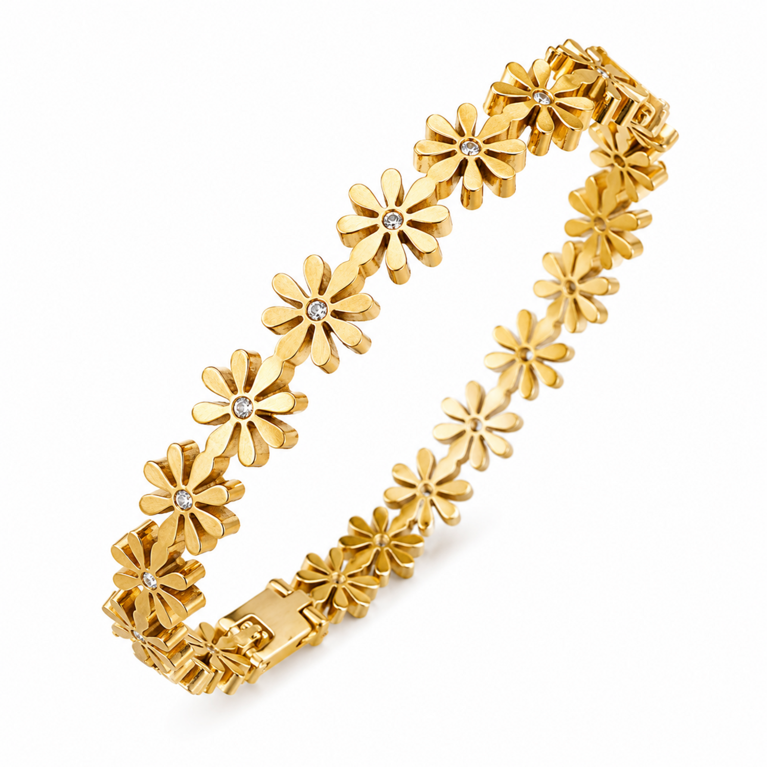 A gold-plated bangle for women featuring an intricate floral openwork design and a secure side clasp.