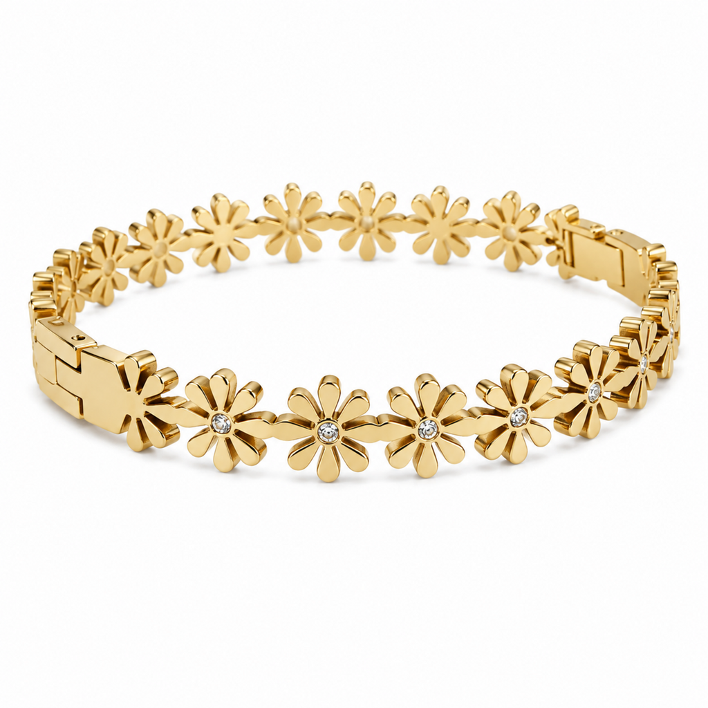 A close-view of a gold-plated bangle for women featuring an intricate floral openwork design and a secure side clasp.