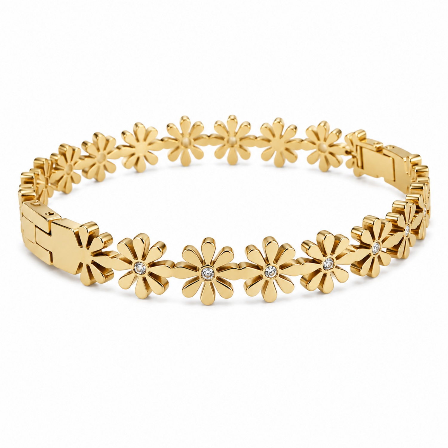 A close-view of a gold-plated bangle for women featuring an intricate floral openwork design and a secure side clasp.