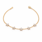 A delicate gold-plated chain bracelet for women featuring five star-shaped floral crystal stations, shown on a clean white background
