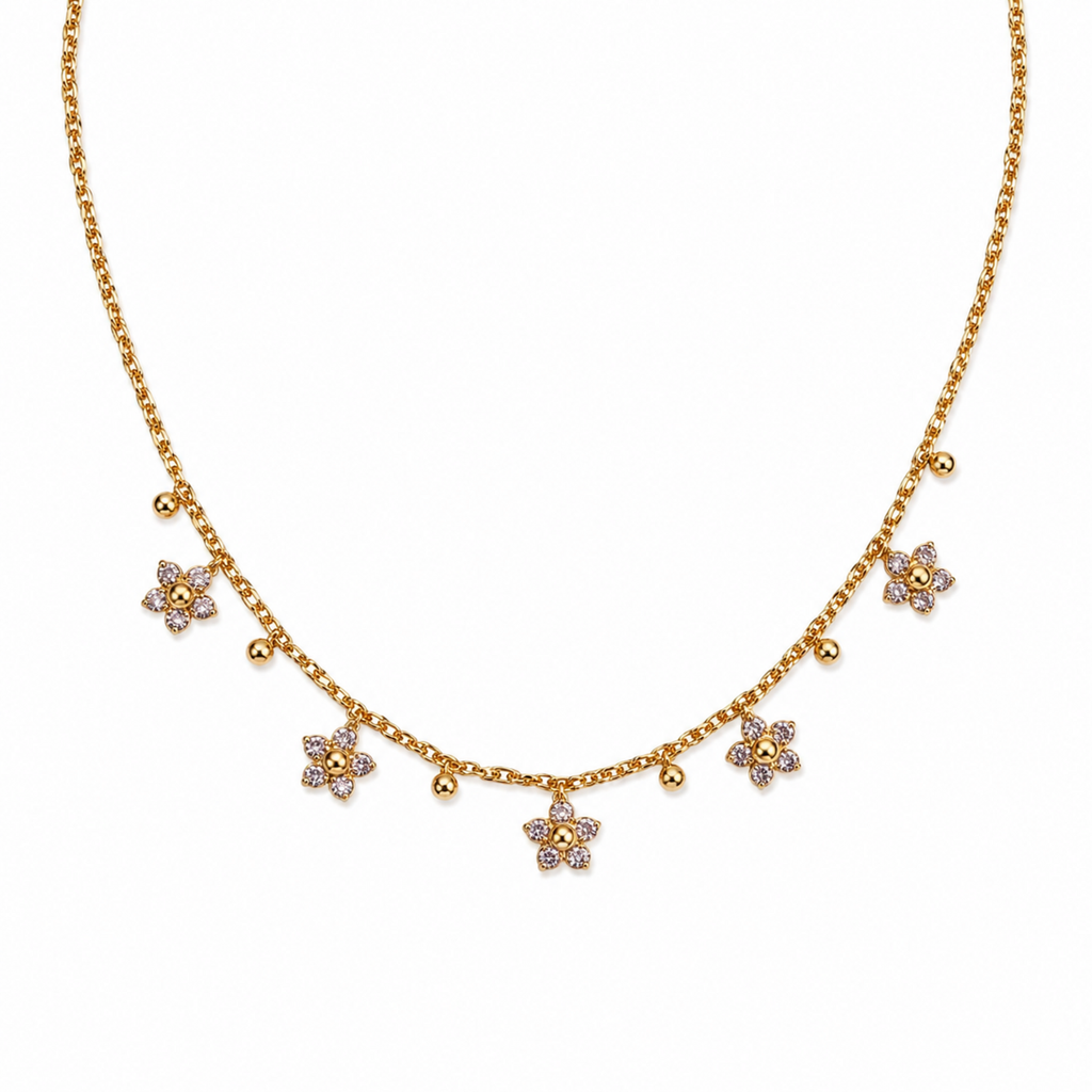 A gold-plated stainless steel chain for women featuring five crystal-encrusted flower charms and small gold beads