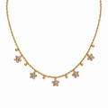 A gold-plated stainless steel chain for women featuring five crystal-encrusted flower charms and small gold beads
