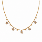 A gold-plated stainless steel chain for women featuring five crystal-encrusted flower charms and small gold beads