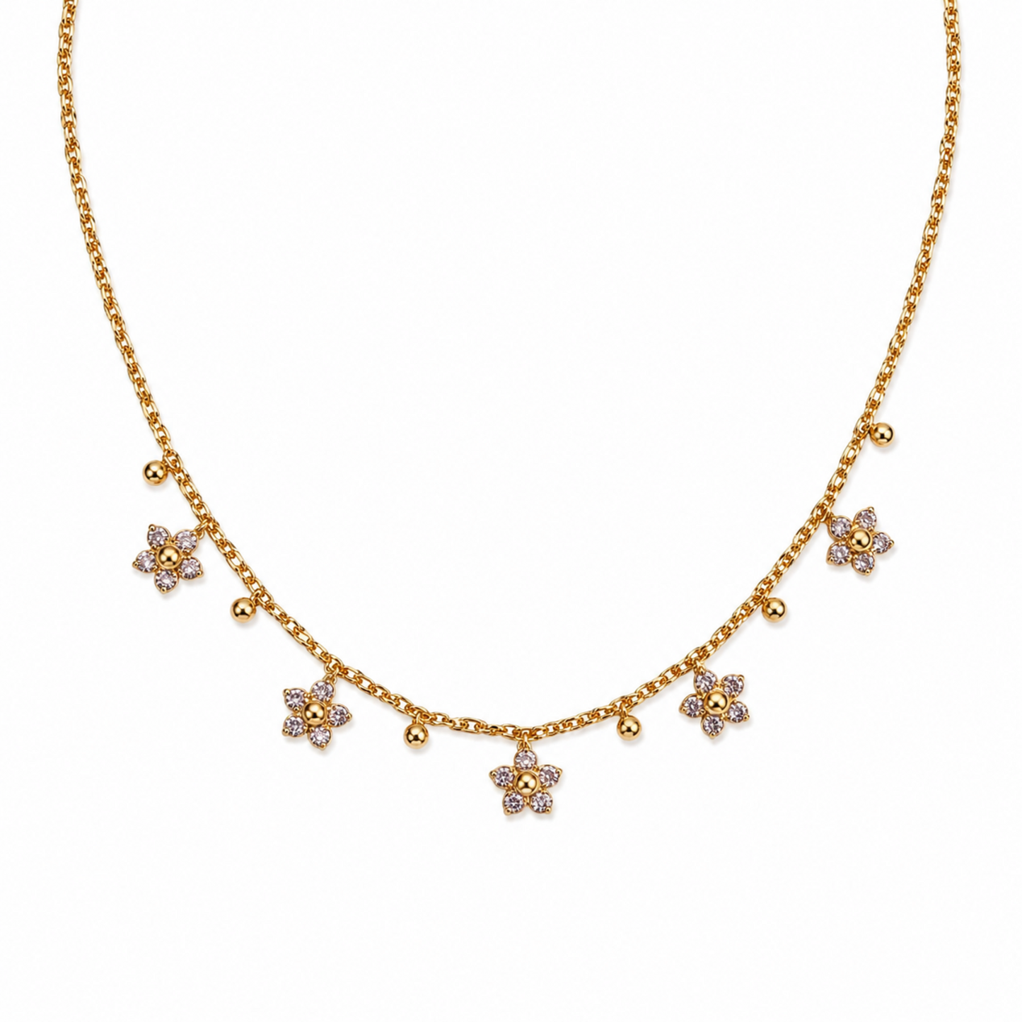 A gold-plated stainless steel chain for women featuring five crystal-encrusted flower charms and small gold beads