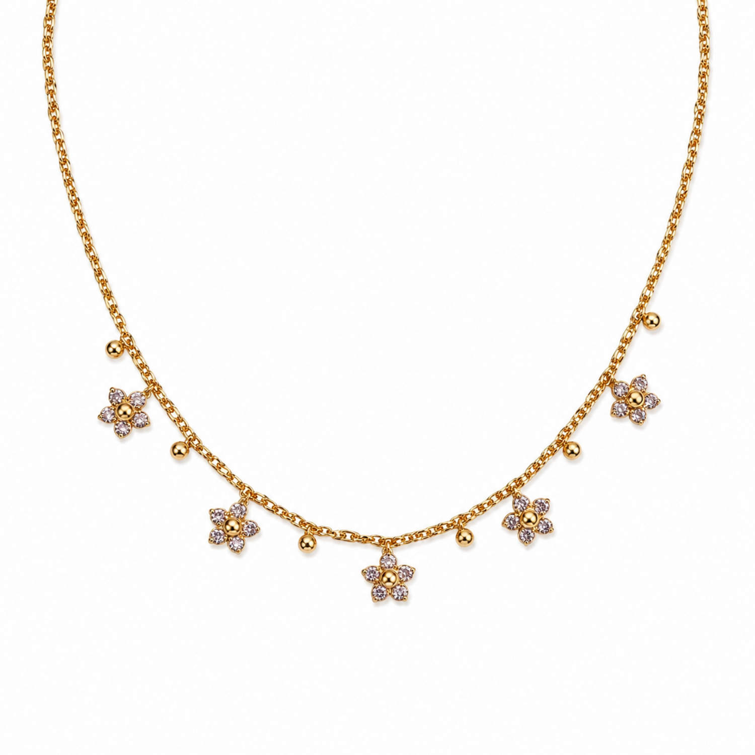 A gold-plated stainless steel chain for women featuring five crystal-encrusted flower charms and small gold beads