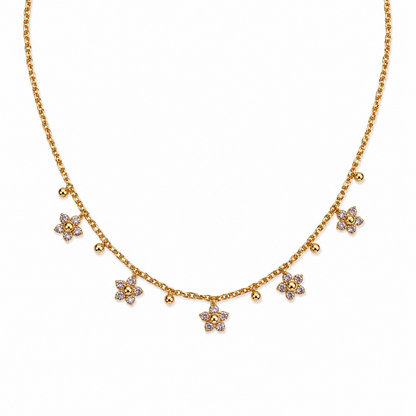 A gold-plated stainless steel chain for women featuring five crystal-encrusted flower charms and small gold beads