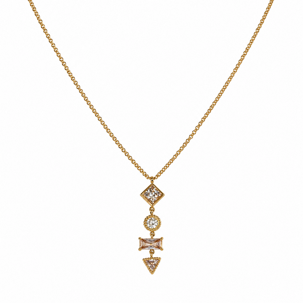 A gold-plated stainless steel chain for women featuring a vertical pendant with four different geometric crystal shapes