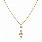 A gold-plated stainless steel chain for women featuring a vertical pendant with four different geometric crystal shapes