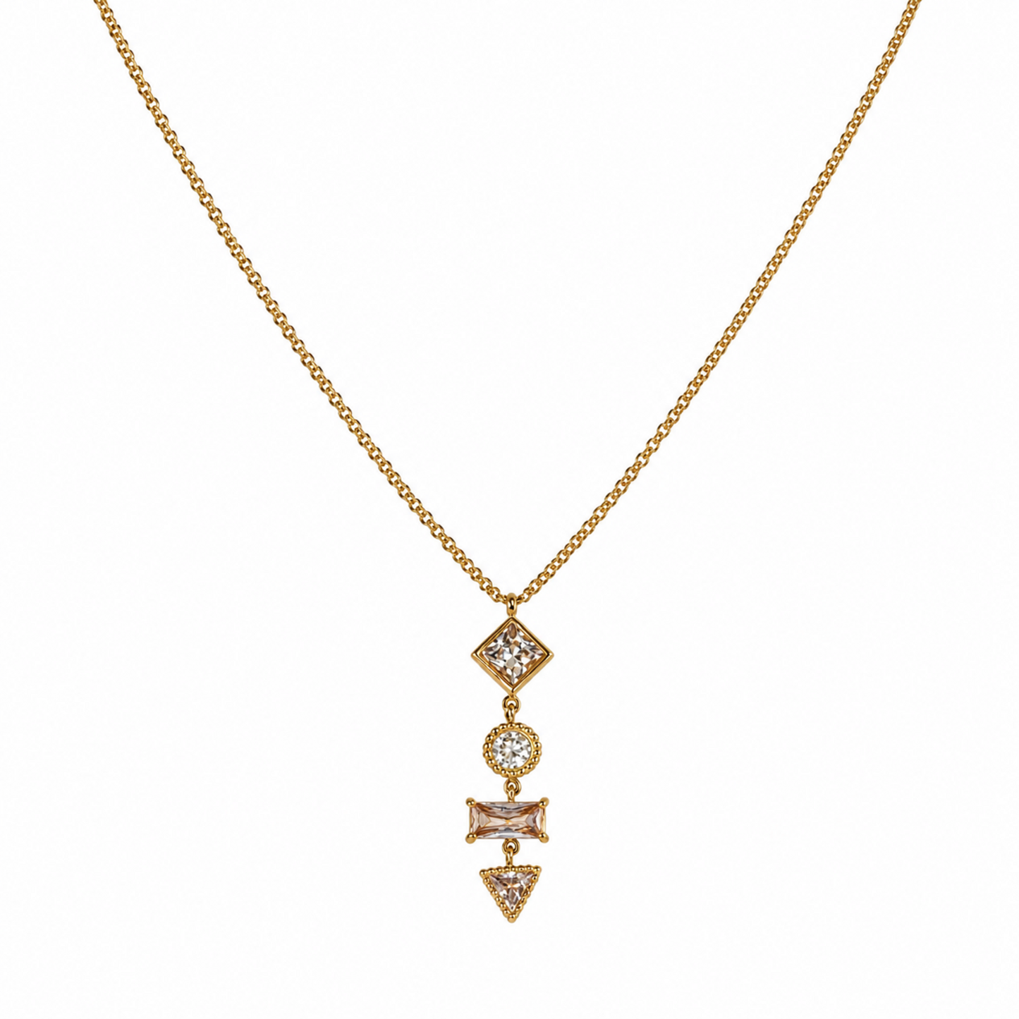 A gold-plated stainless steel chain for women featuring a vertical pendant with four different geometric crystal shapes