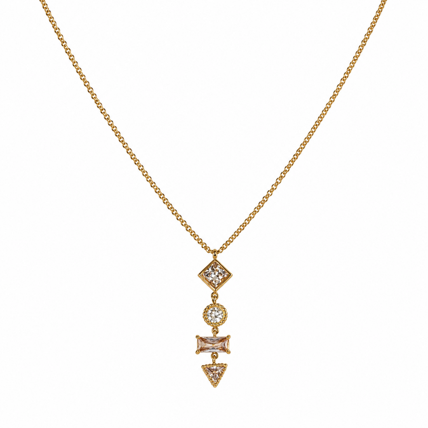 A gold-plated stainless steel chain for women featuring a vertical pendant with four different geometric crystal shapes