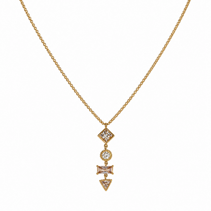 A gold-plated stainless steel chain for women featuring a vertical pendant with four different geometric crystal shapes