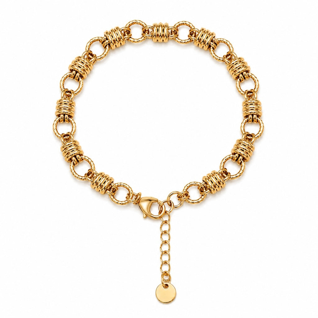 A gold-plated chain bracelet for women featuring thick polished links and textured coiled metal stations.