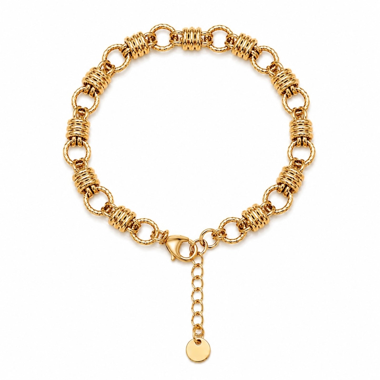 A gold-plated chain bracelet for women featuring thick polished links and textured coiled metal stations.