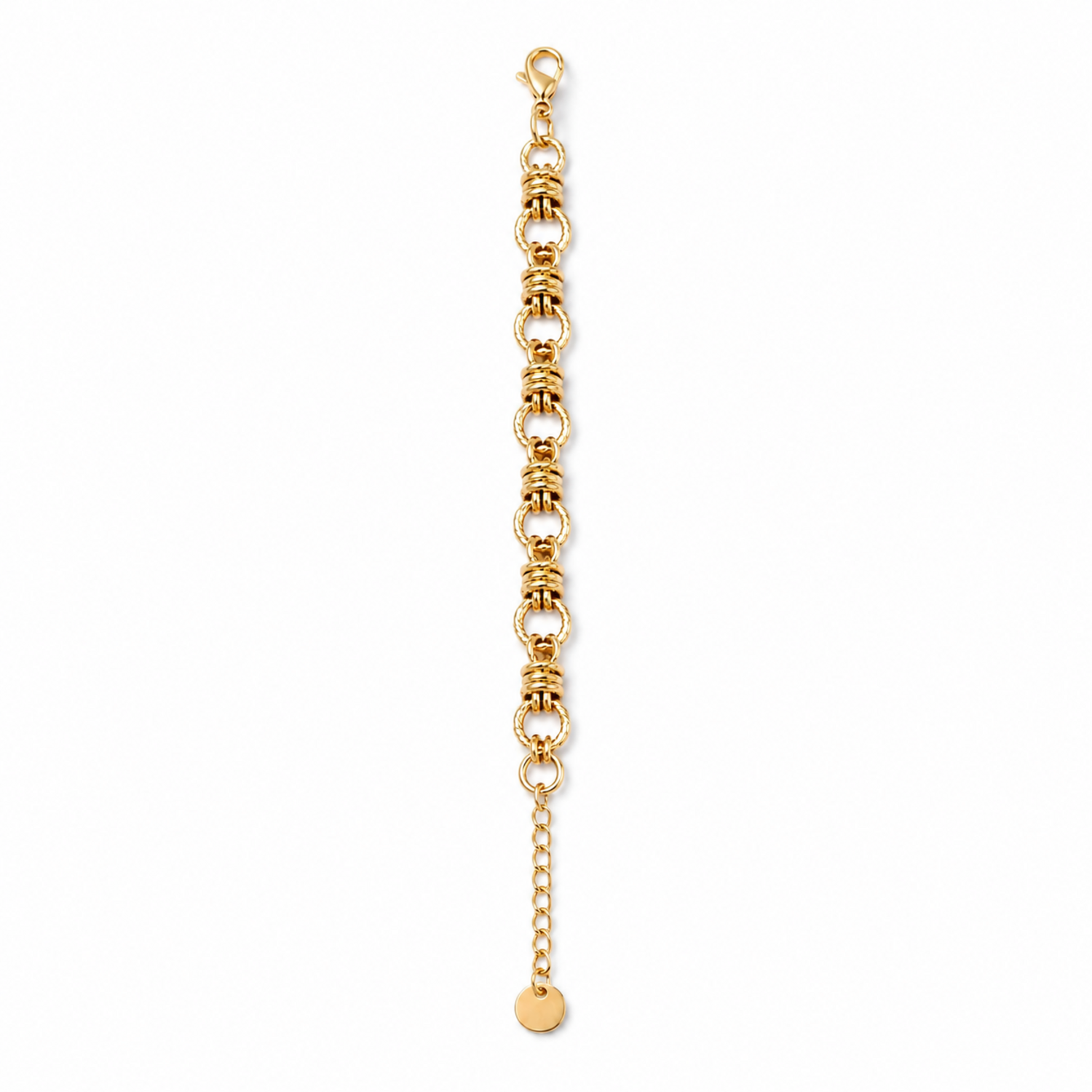 A close-view of a gold-plated chain bracelet for women featuring thick polished links and textured coiled metal stations.