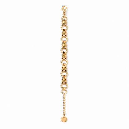 A close-view of a gold-plated chain bracelet for women featuring thick polished links and textured coiled metal stations.