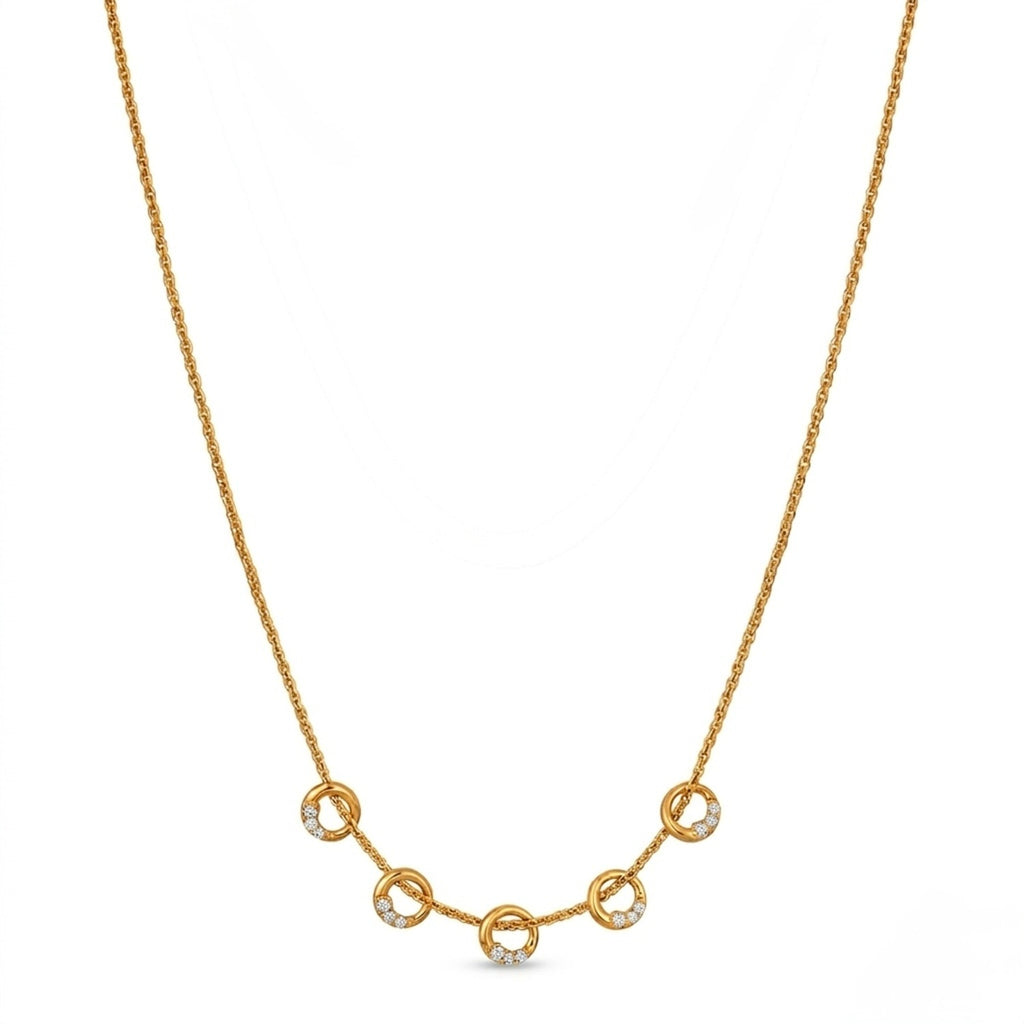 A gold-plated stainless steel chain for women featuring five circular station charms accented with crystals.