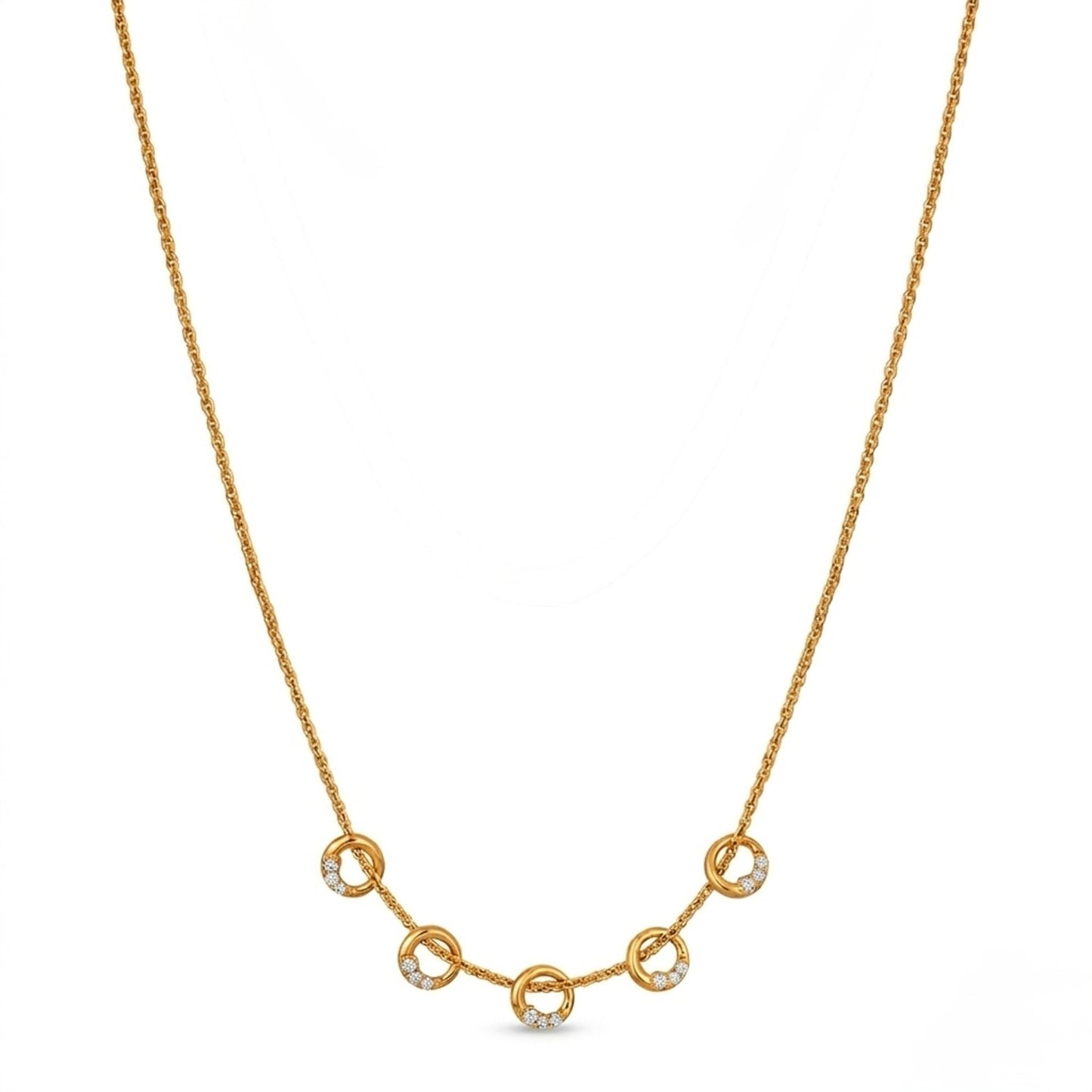 A gold-plated stainless steel chain for women featuring five circular station charms accented with crystals.