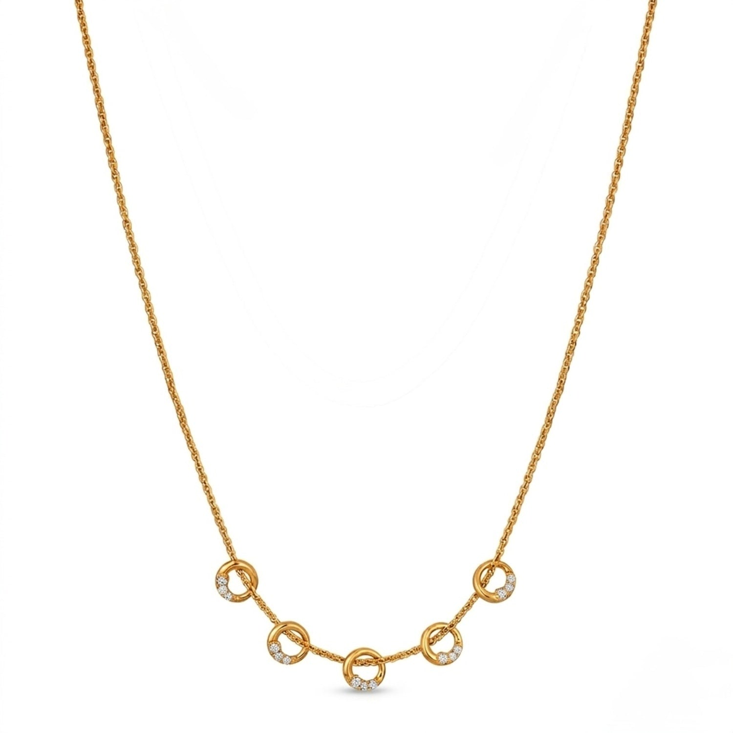 A gold-plated stainless steel chain for women featuring five circular station charms accented with crystals.