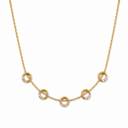 A close-view of a gold-plated stainless steel chain for women featuring five circular station charms accented with crystals.