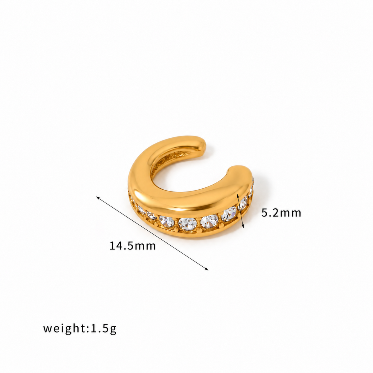 Gold-plated open ear cuff with a smooth rounded band and clear crystals set along the lower edge with dimensions