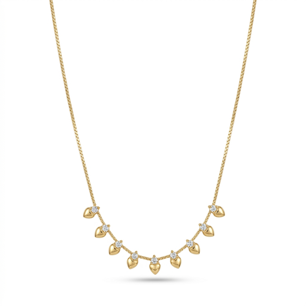 A gold-plated stainless steel chain for women featuring a fringe of nine golden hearts each accented with a small crystal
