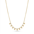 A gold-plated stainless steel chain for women featuring a fringe of nine golden hearts each accented with a small crystal
