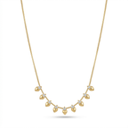 A gold-plated stainless steel chain for women featuring a fringe of nine golden hearts each accented with a small crystal