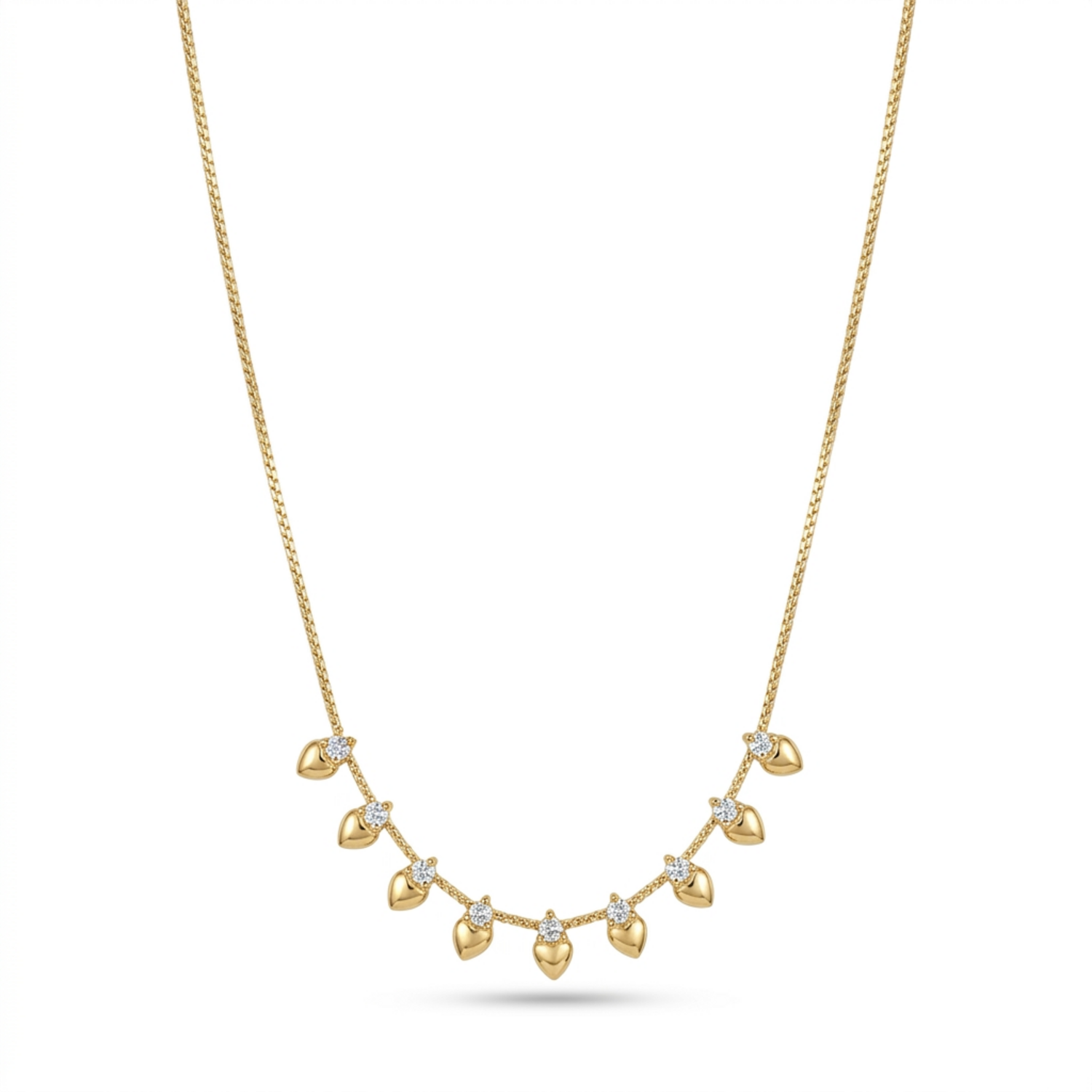 A gold-plated stainless steel chain for women featuring a fringe of nine golden hearts each accented with a small crystal