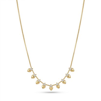 A gold-plated stainless steel chain for women featuring a fringe of nine golden hearts each accented with a small crystal