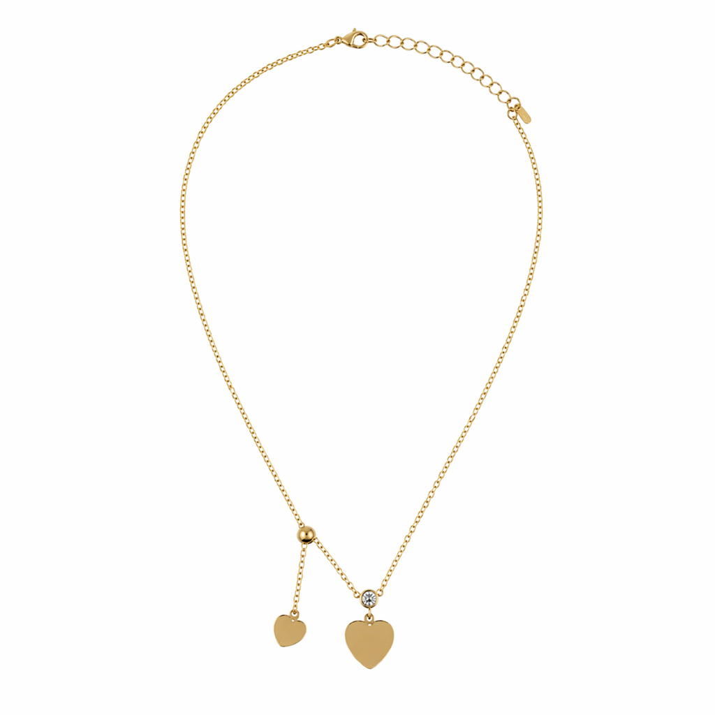 Gold necklace with heart-shaped pendants on a white background