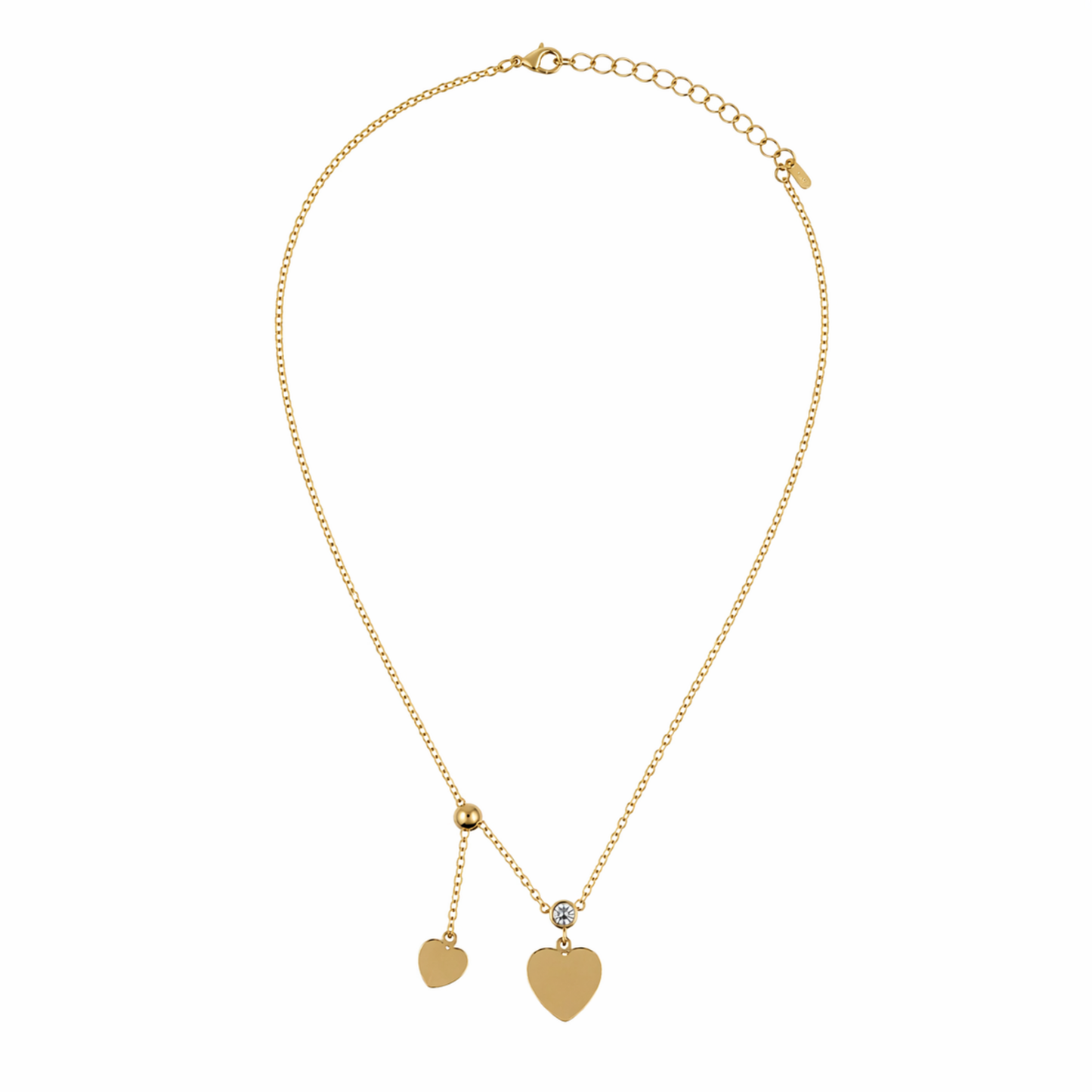 Gold necklace with heart-shaped pendants on a white background