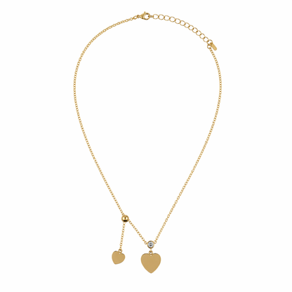 Gold necklace with heart-shaped pendants on a white background