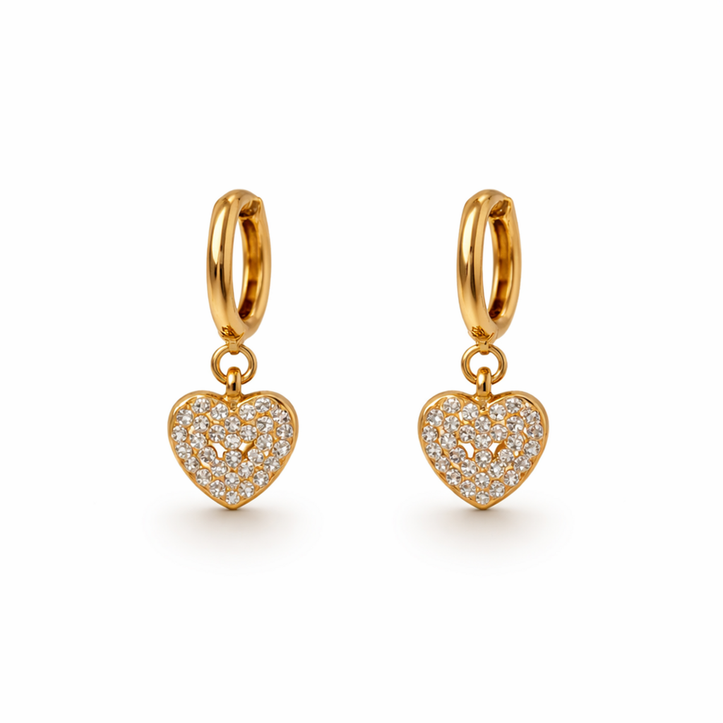 A pair of a gold-plated drop earrings for women featuring a heart shape, shown on a white background