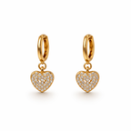 A pair of a gold-plated drop earrings for women featuring a heart shape, shown on a white background