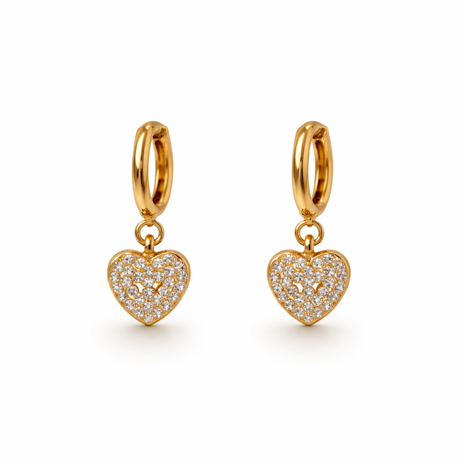 A pair of a gold-plated drop earrings for women featuring a heart shape, shown on a white background