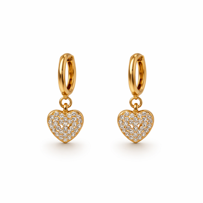A pair of a gold-plated drop earrings for women featuring a heart shape, shown on a white background