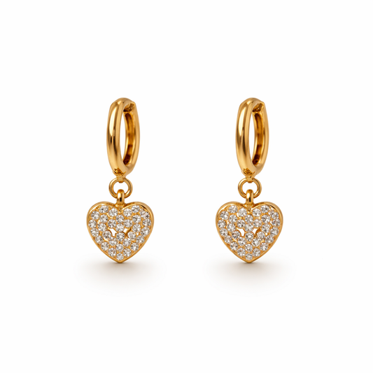 A pair of a gold-plated drop earrings for women featuring a heart shape, shown on a white background